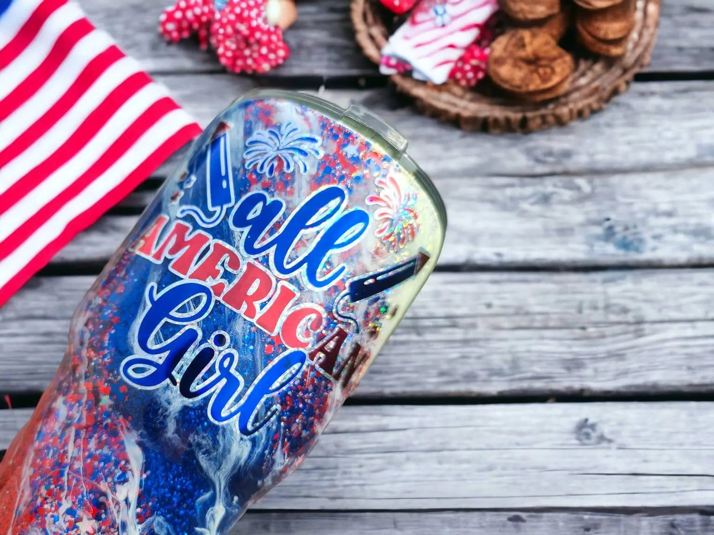All American Girl | Personalized Glitter Tumbler Woodsy What Knots