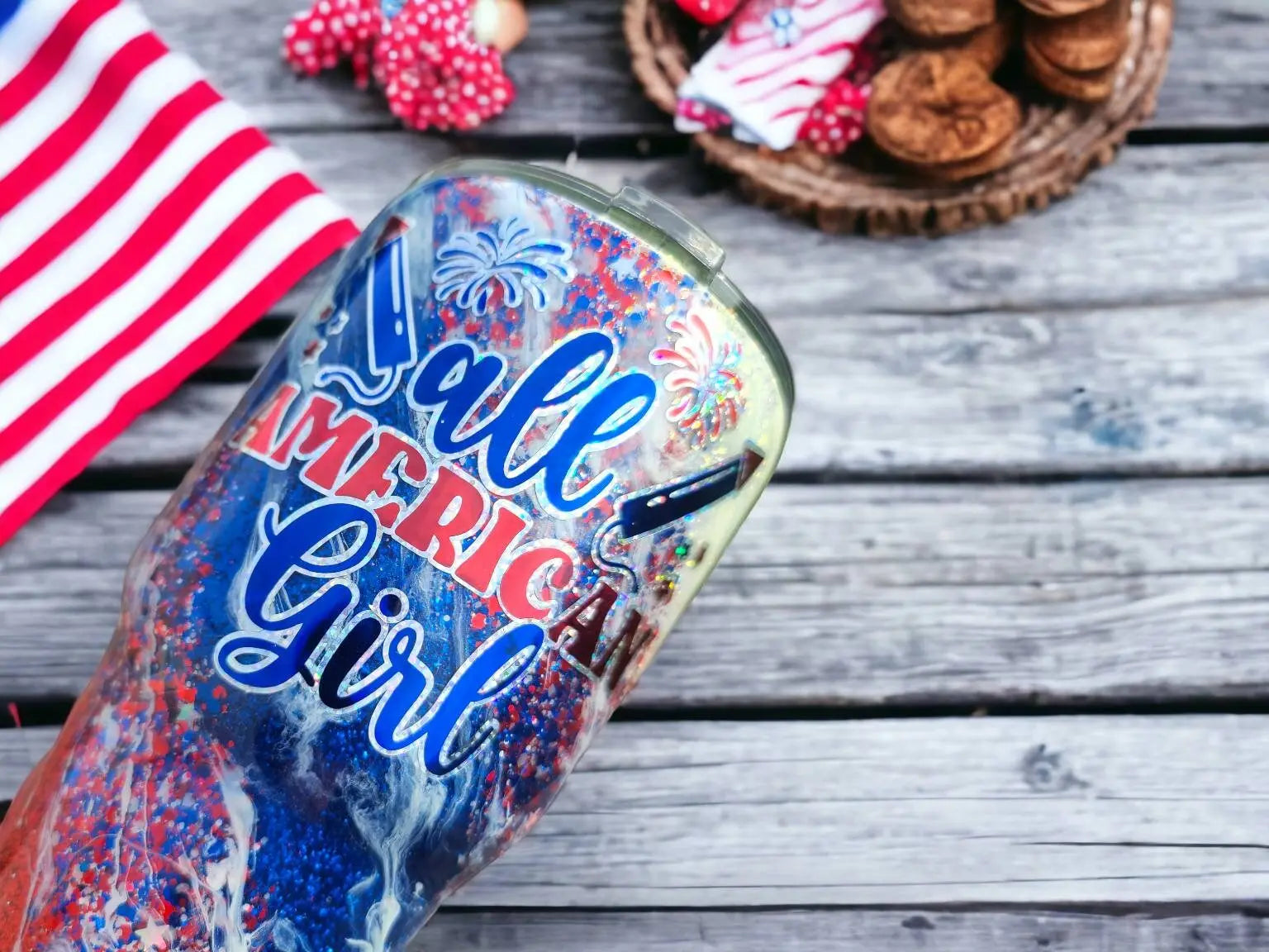 All American Girl | Personalized Glitter Tumbler Woodsy What Knots