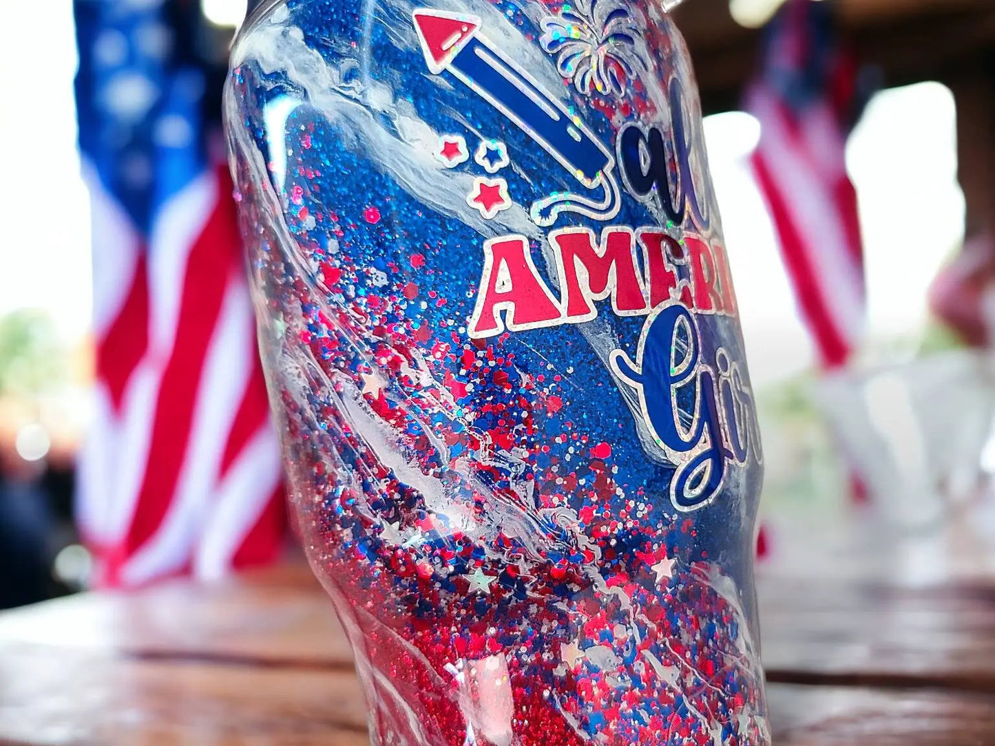 All American Girl | Personalized Glitter Tumbler Woodsy What Knots