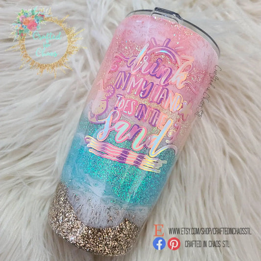 Drink in my Hand, Toes in the Sand | Personalized Glitter Tumbler Woodsy What Knots