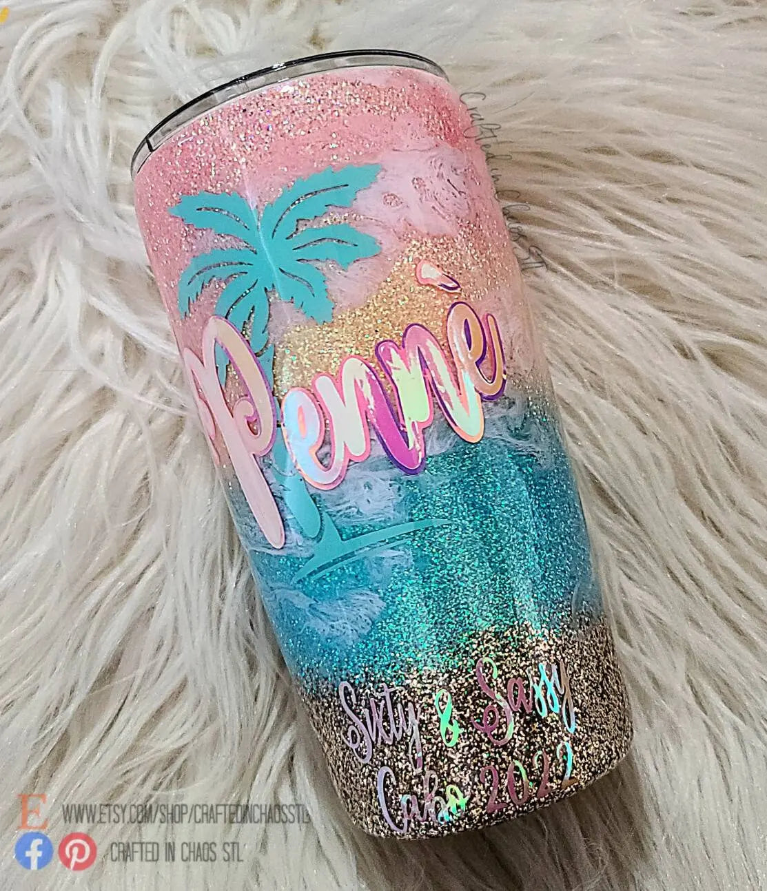 Drink in my Hand, Toes in the Sand | Personalized Glitter Tumbler Woodsy What Knots
