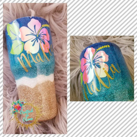 Hawaiian Hibiscus Tumbler | Personalized Beach Glitter Tumbler Woodsy What Knots