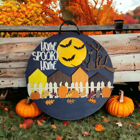 Home Spooky Home - Round Door Greeting Sign Woodsy What Knots