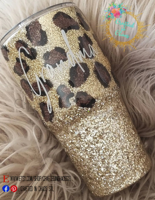 Leopard Print Tumbler | Personalized Glitter Tumbler Woodsy What Knots