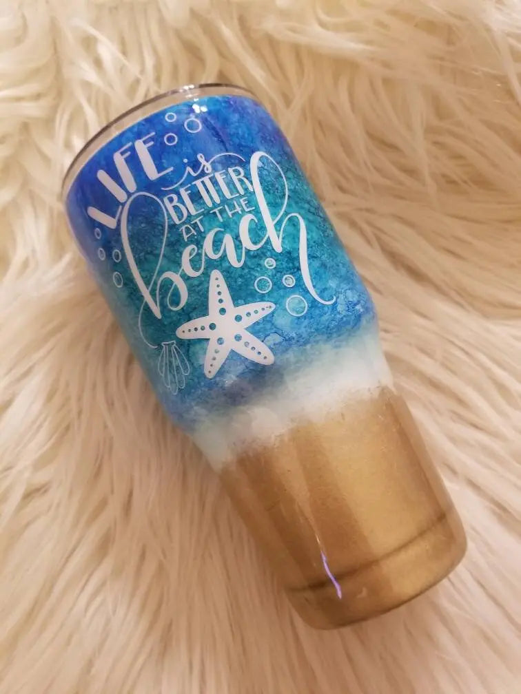 Life Is Better At The Beach | Custom Glittered Beach Tumbler Woodsy What Knots