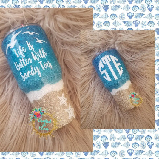 Life Is Better With Sandy Toes | Personalized Glitter Tumbler Woodsy What Knots