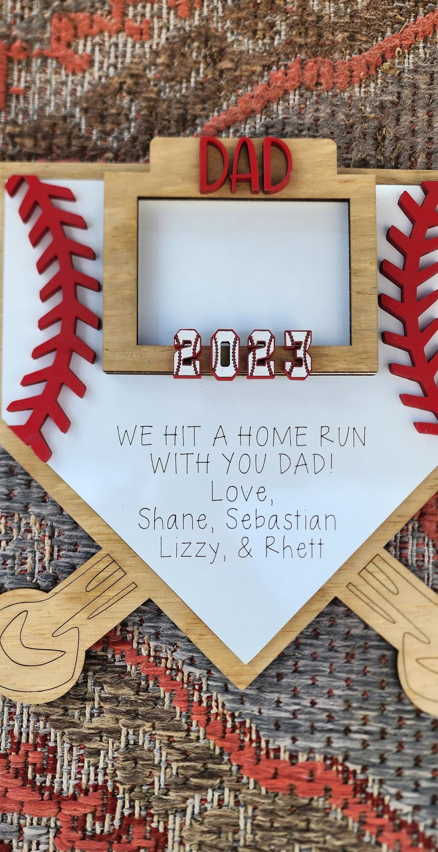 Personalized Baseball Sign - "We Hit a Home Run with You, Dad" - Engraved Home Plate with Children's Names - Baseball Frame - Father's Day.