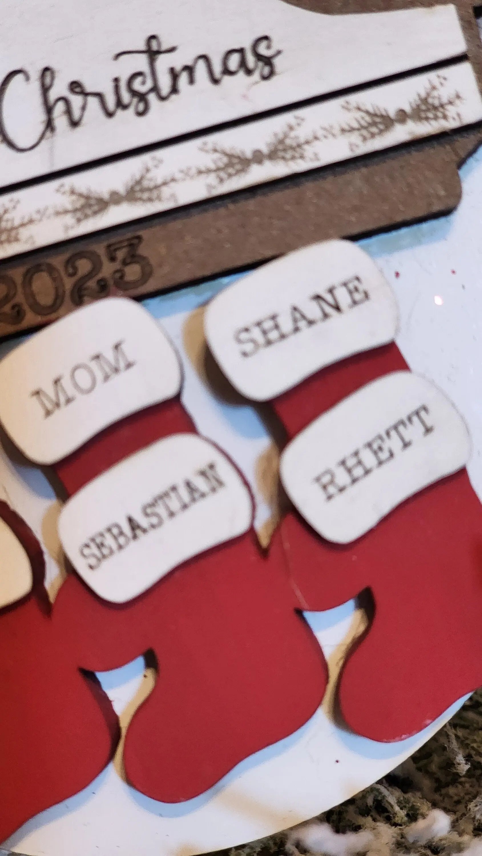 Stockings on Mantel | Personalized Ornament Woodsy What Knots