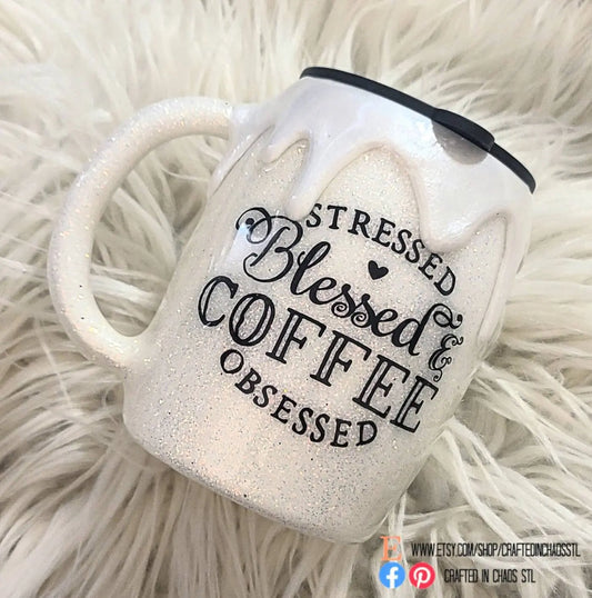 Stressed Blessed and Coffee Obsessed | Personalized Glittered Mug Woodsy What Knots