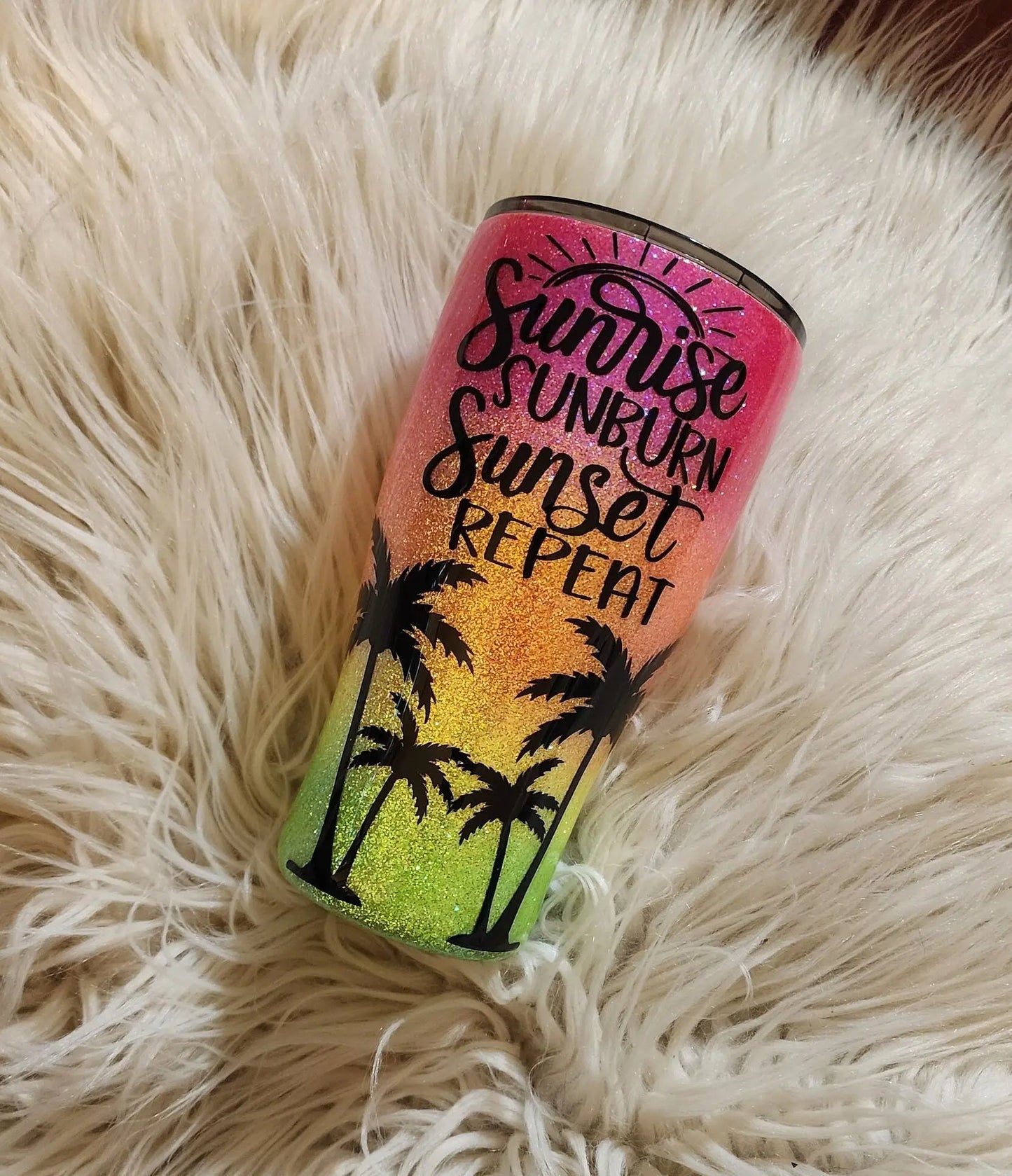 Sunrise Sunburn Sunset Repeat | Personalized Glitter Tumbler Woodsy What Knots