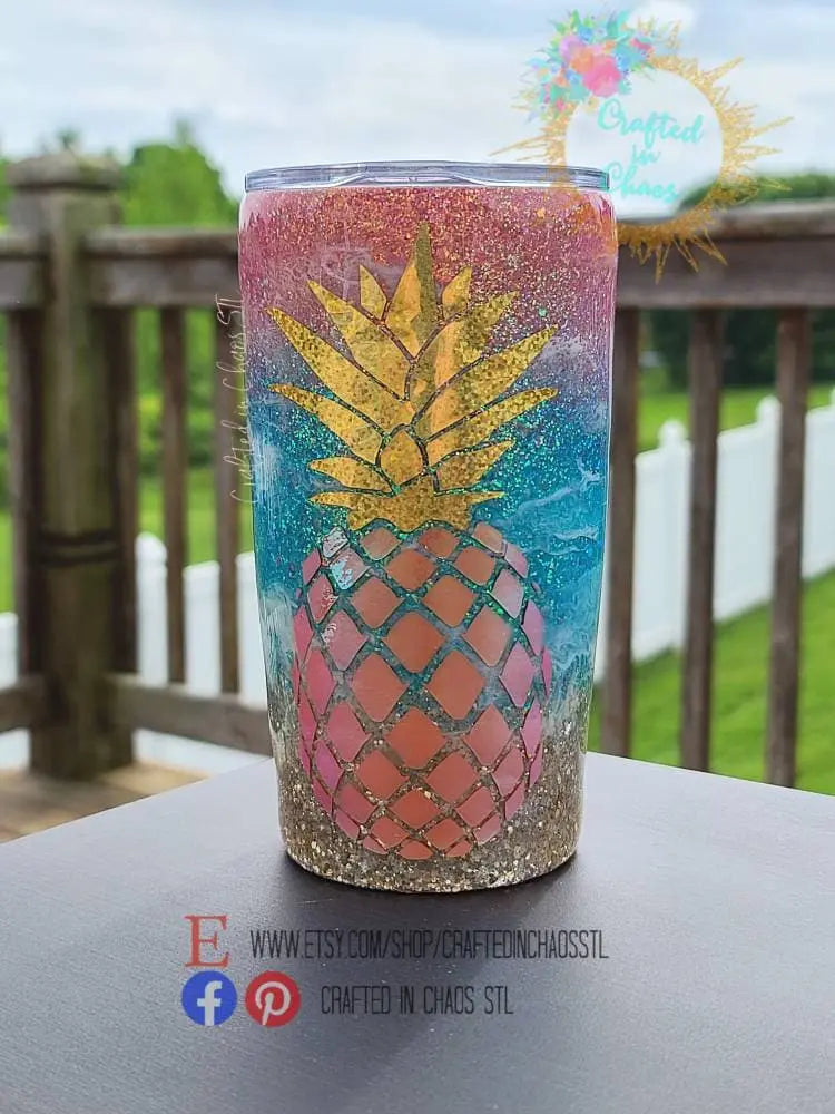 Sunset Beach Tumbler - Pineapple Tumbler- Glitter Stainless Steel Ozark/RTIC/Yeti cup - Destination Wedding - Beach Vacation -CMP 2020 Woodsy What Knots