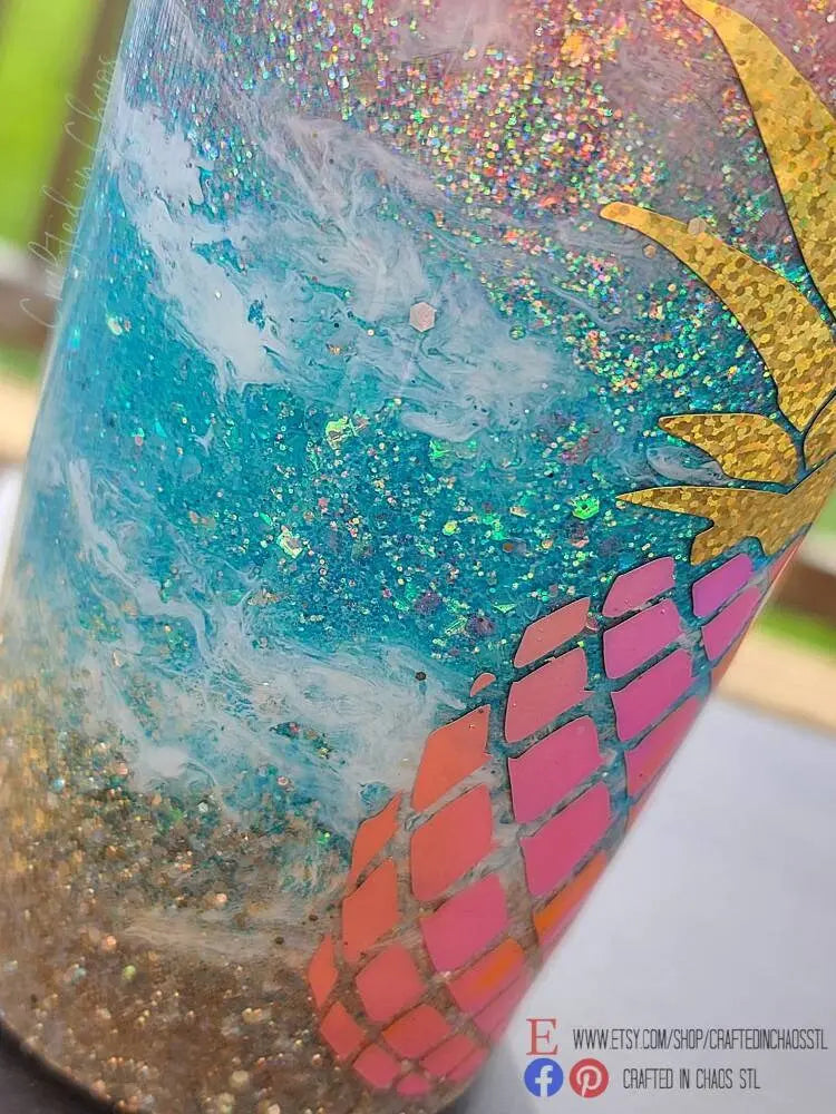Sunset Beach Tumbler - Pineapple Tumbler- Glitter Stainless Steel Ozark/RTIC/Yeti cup - Destination Wedding - Beach Vacation -CMP 2020 Woodsy What Knots
