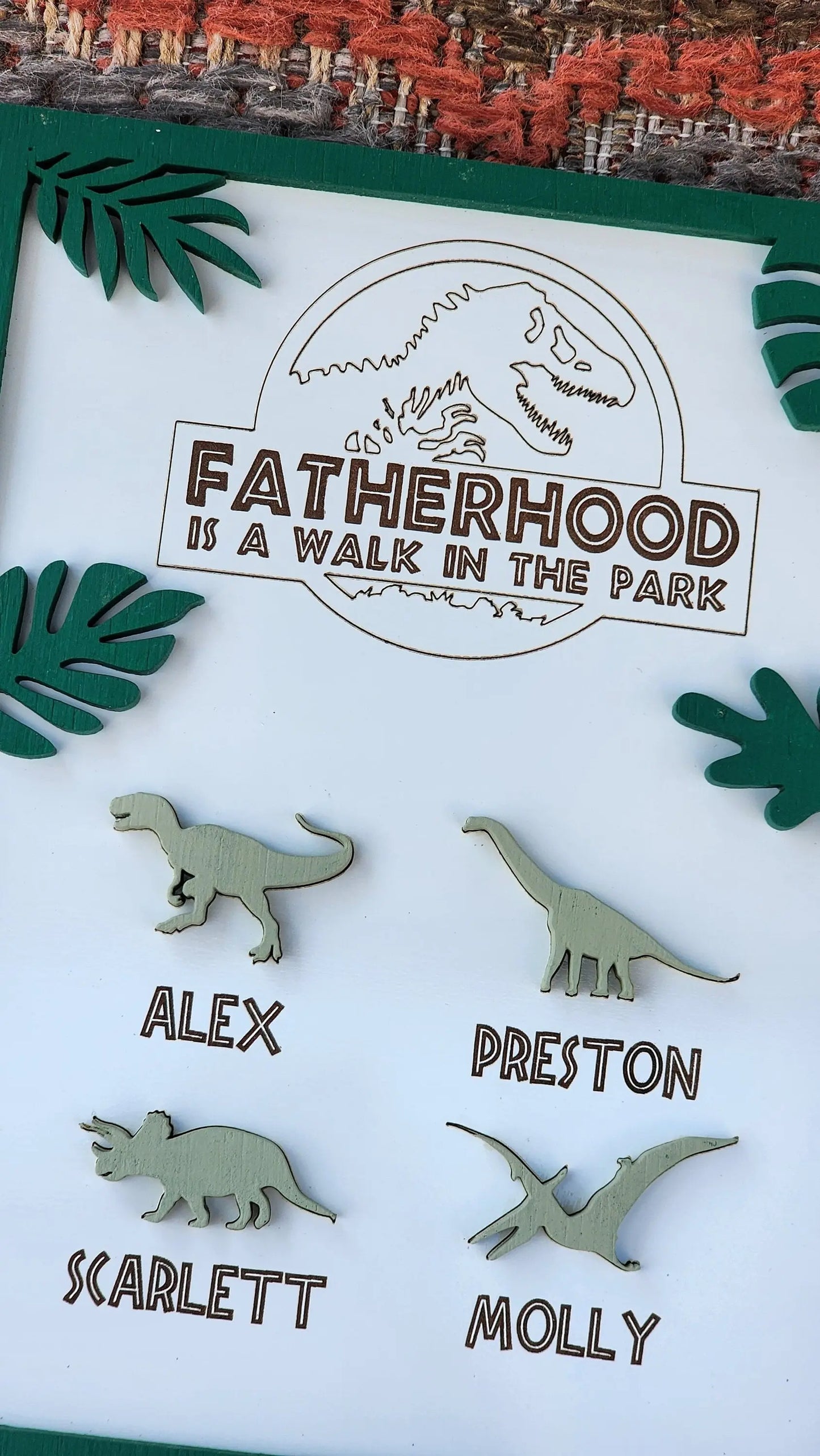 Wooden Sign - Fatherhood is a Walk in the Park - Personalized Dinosaur Design - Father's Day Gift - Framed Sign.