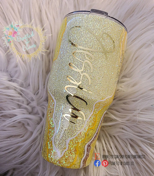 Yellow and Gold Geode | Personalized Glitter Tumbler Woodsy What Knots
