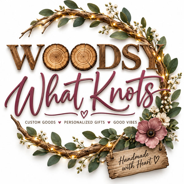 Woodsy What Knots — custom goods, personalized gifts and good vibes. Woodland wreath logo.