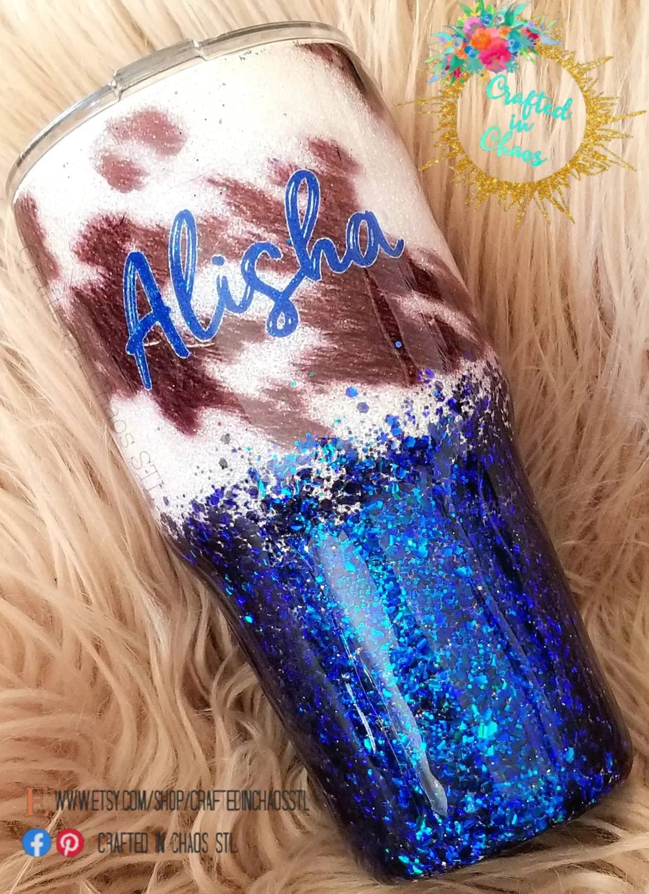 Cowhide & Glitter Tumbler | Personalized Tumbler Woodsy What Knots