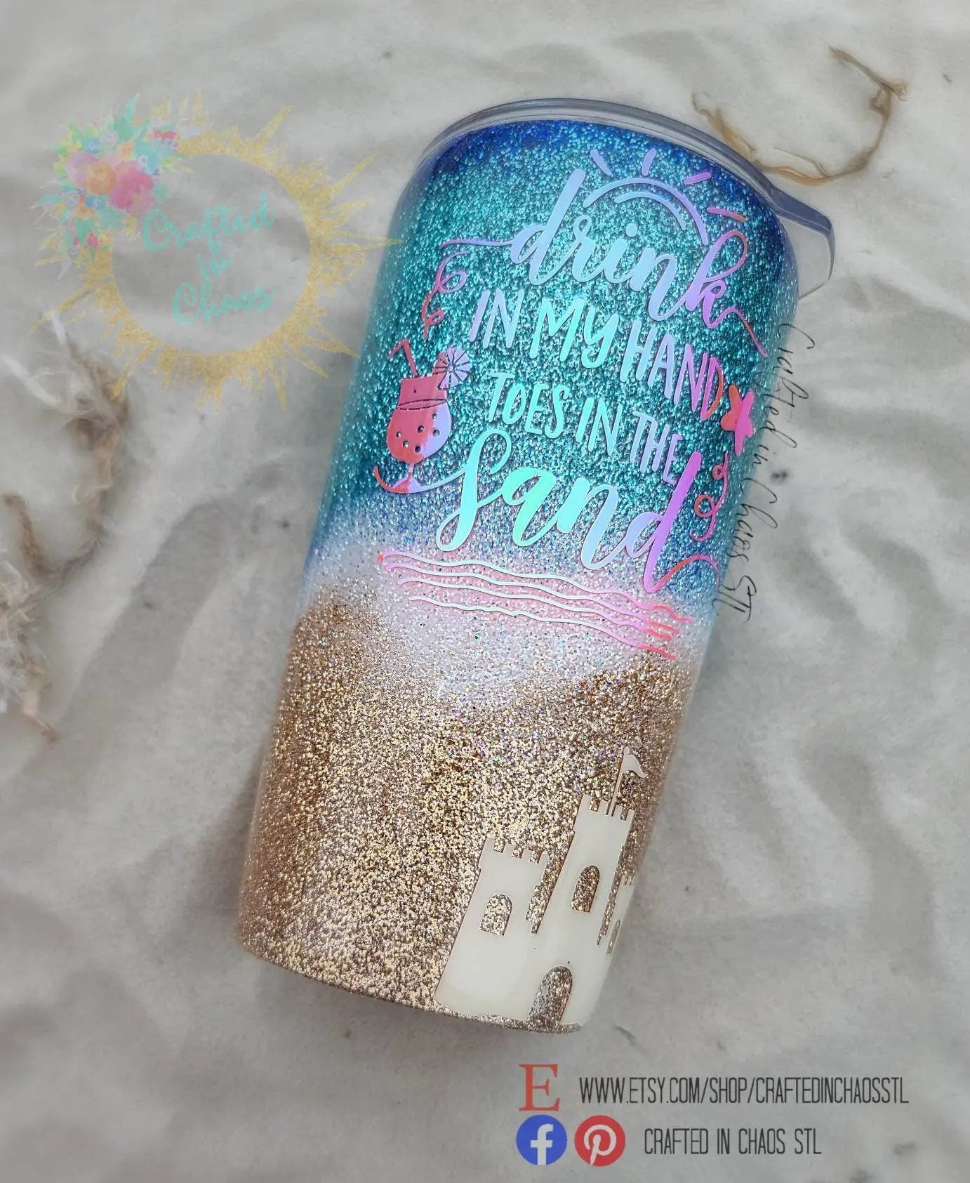 Drink in my Hands Toes in the Sand | Personalized Glitter Beach Tumbler Woodsy What Knots