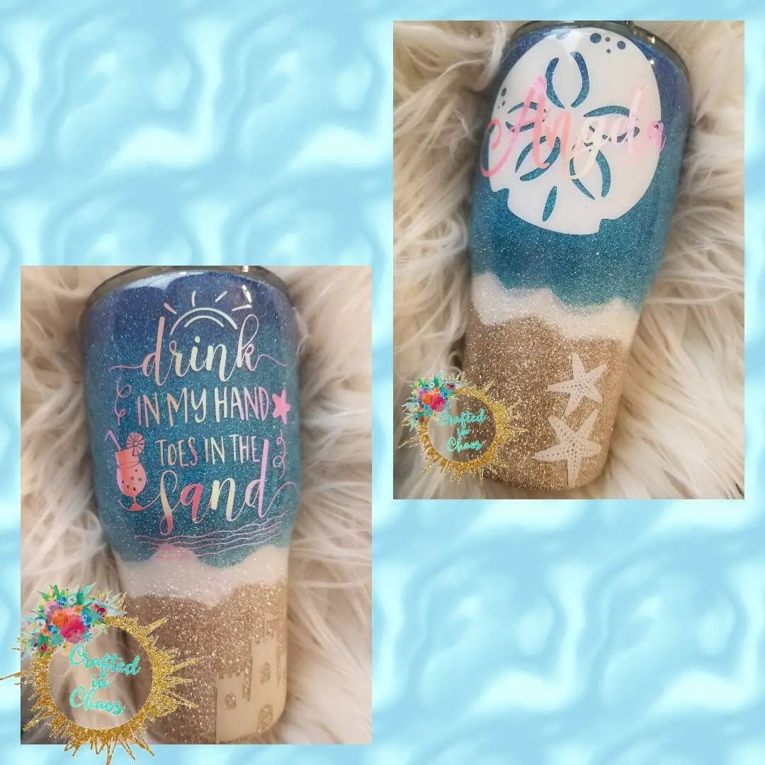Drink in my Hands Toes in the Sand | Personalized Glitter Beach Tumbler Woodsy What Knots
