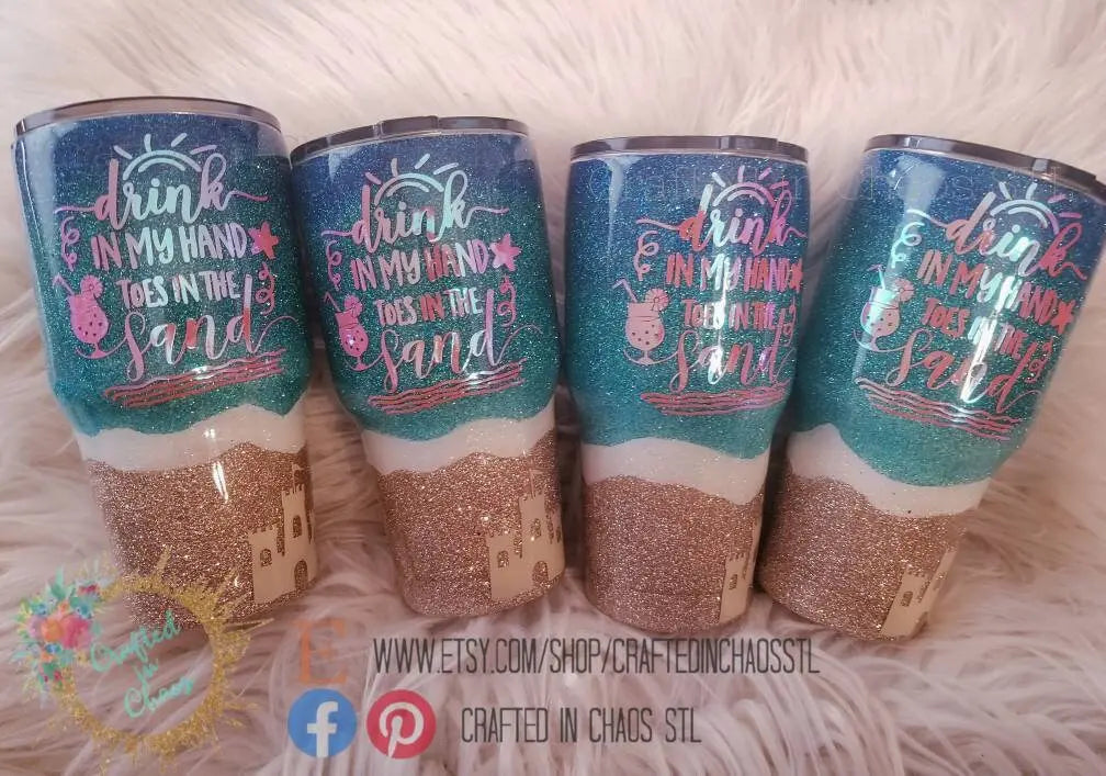 Drink in my Hands Toes in the Sand | Personalized Glitter Beach Tumbler Woodsy What Knots