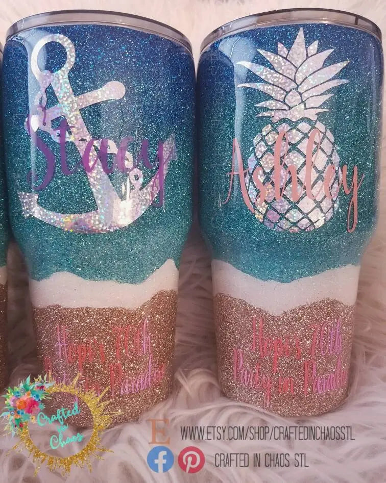 Drink in my Hands Toes in the Sand | Personalized Glitter Beach Tumbler Woodsy What Knots