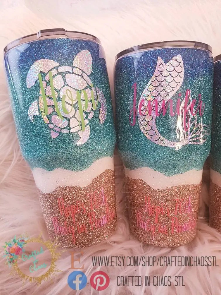 Drink in my Hands Toes in the Sand | Personalized Glitter Beach Tumbler Woodsy What Knots