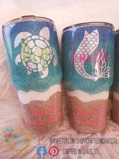 Drink in my Hands Toes in the Sand | Personalized Glitter Beach Tumbler Woodsy What Knots