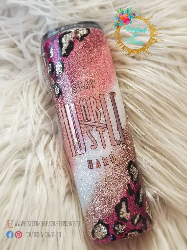 Glittered Leopard Print Swirl  | Stay Humble, Hustle Hard | Personalized Tumbler Woodsy What Knots