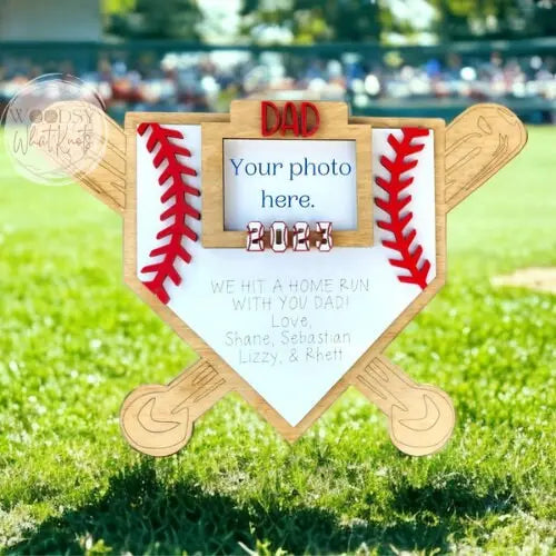Personalized Baseball Sign - "We Hit a Home Run with You, Dad" - Engraved Home Plate with Children's Names - Baseball Frame - Father's Day.