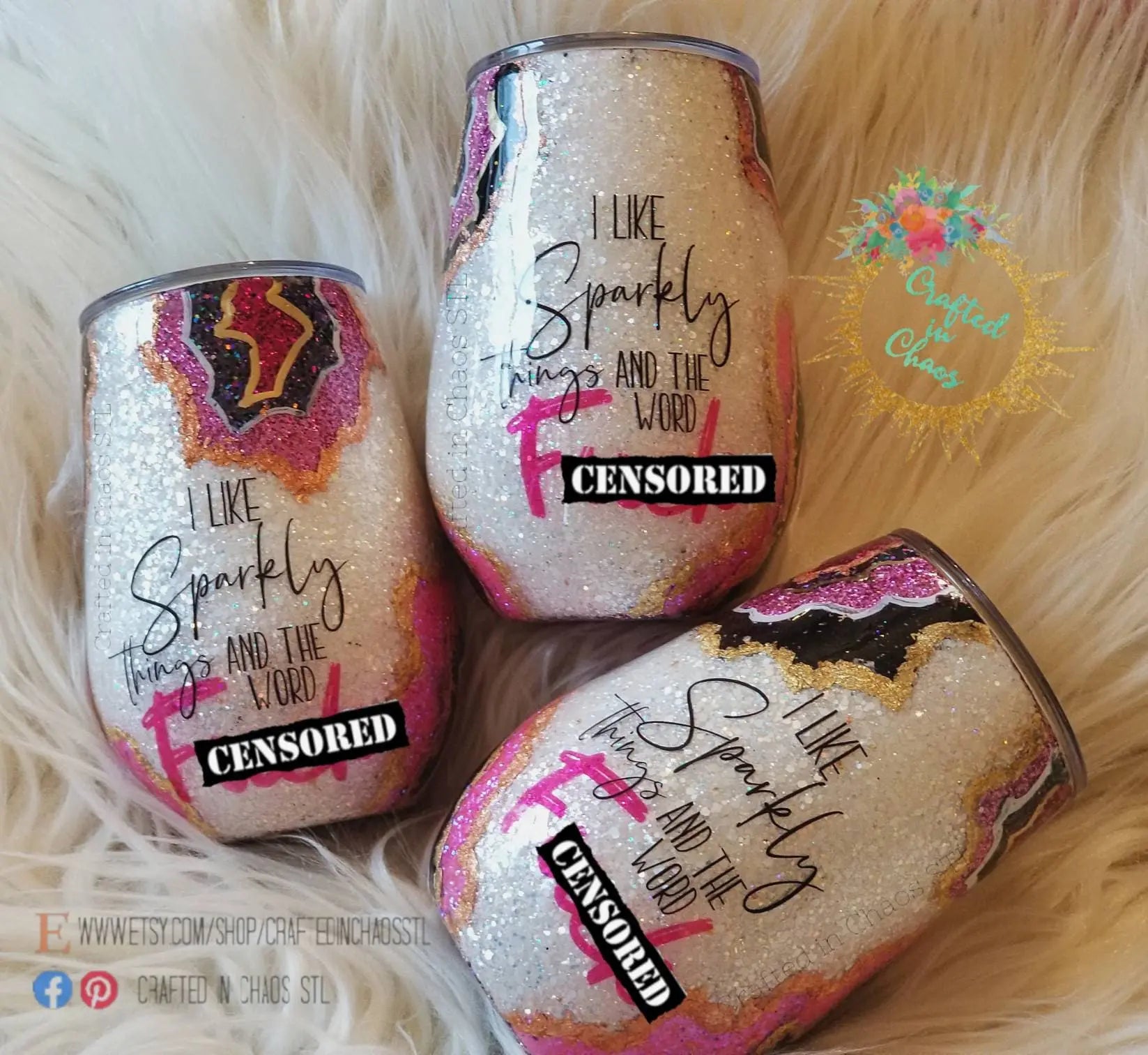 Pink & Black Geode Tumbler | I Like Sparkly Things and the Word Fuck - Woodsy What Knots