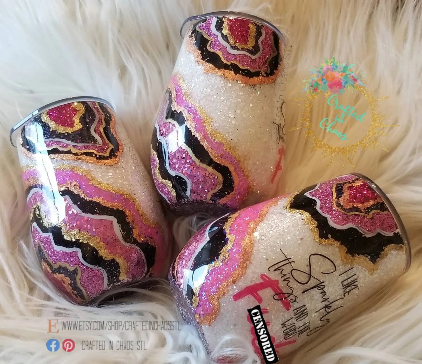 Pink & Black Geode Tumbler | I Like Sparkly Things and the Word Fuck - Woodsy What Knots
