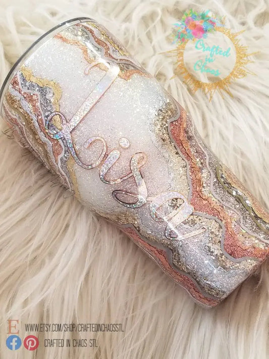 Realistic Rose Gold and Metals  Geode | Personalized Glitter Tumbler Woodsy What Knots