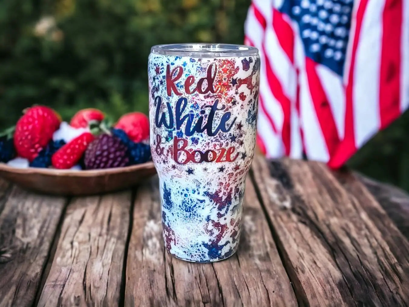 Red, White, and Booze | Personalized Glitter Tumbler Woodsy What Knots
