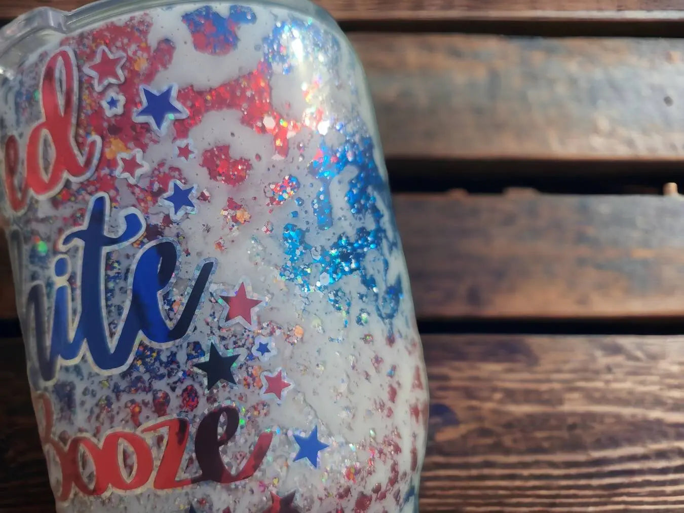 Red, White, and Booze | Personalized Glitter Tumbler Woodsy What Knots