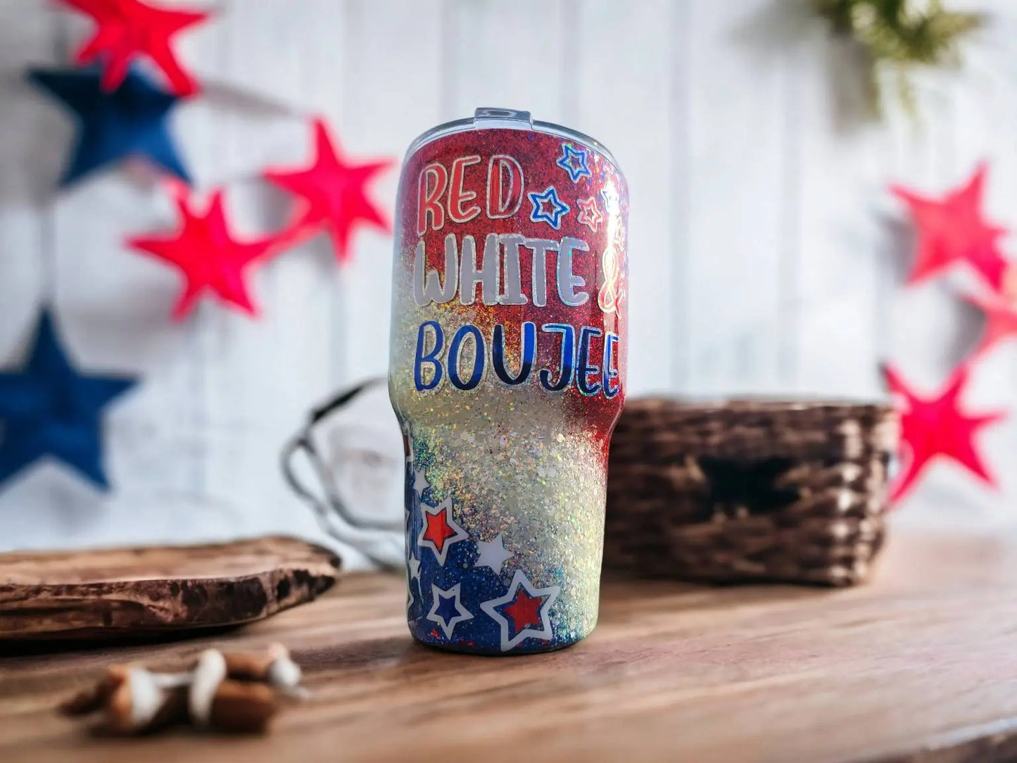 Red, White,and Boujee | Personalized Glitter Tumbler Woodsy What Knots