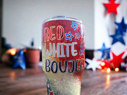 Red, White,and Boujee | Personalized Glitter Tumbler Woodsy What Knots