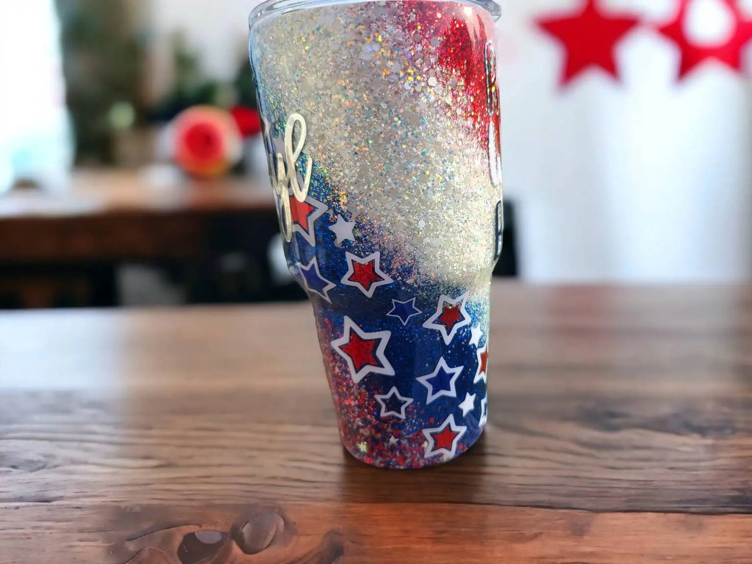 Red, White,and Boujee | Personalized Glitter Tumbler Woodsy What Knots
