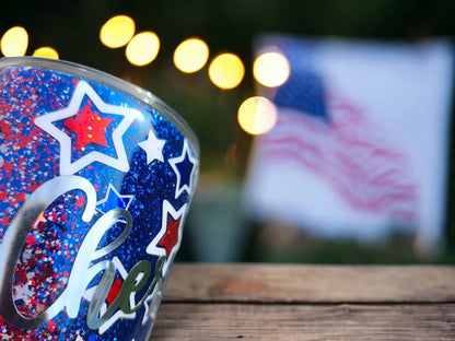 Red, White,and Boujee | Personalized Glitter Tumbler Woodsy What Knots