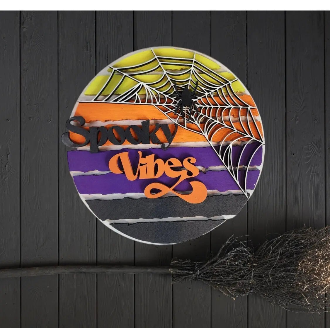 Spooky Vibes Round Door Sign: Handmade Halloween Décor with Spider Web & Halloween Colors – Unique, One-of-a-Kind Seasonal Art Piece.