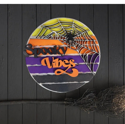 Spooky Vibes Round Door Sign: Handmade Halloween Décor with Spider Web & Halloween Colors – Unique, One-of-a-Kind Seasonal Art Piece.