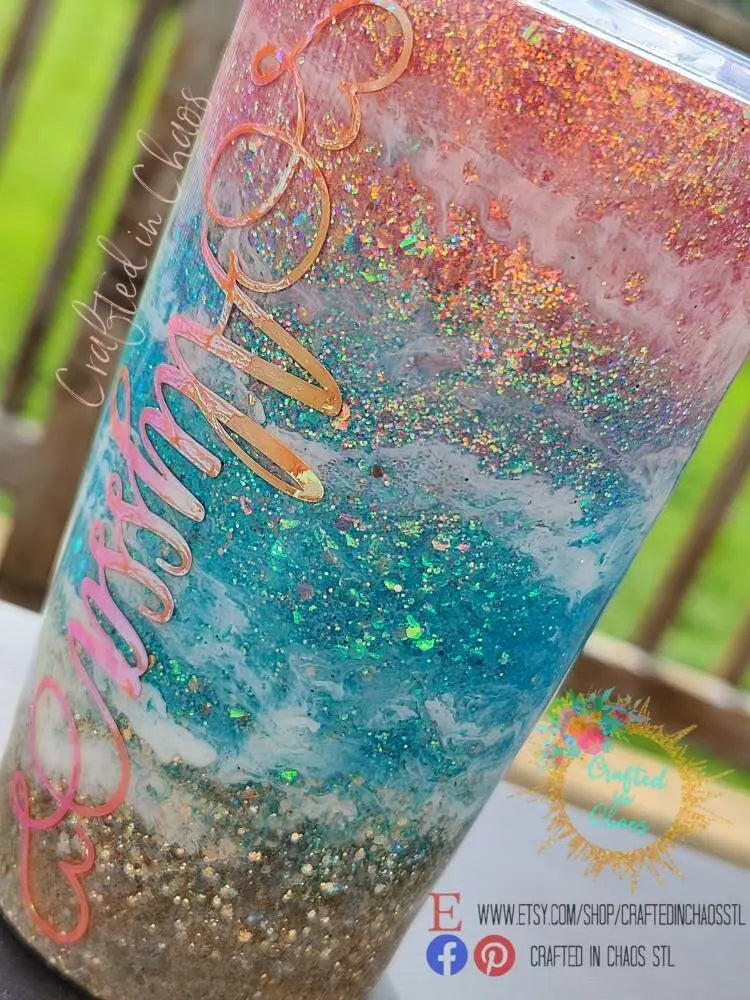 Sunset Beach Tumbler - Pineapple Tumbler- Glitter Stainless Steel Ozark/RTIC/Yeti cup - Destination Wedding - Beach Vacation -CMP 2020 Woodsy What Knots