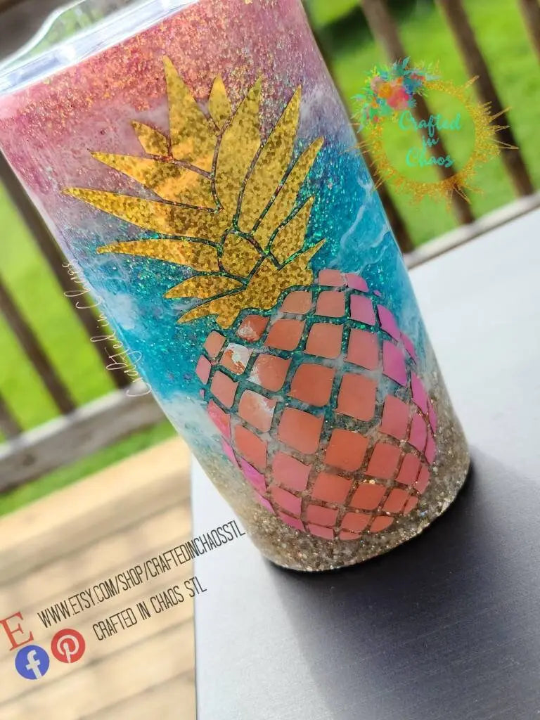 Sunset Beach Tumbler - Pineapple Tumbler- Glitter Stainless Steel Ozark/RTIC/Yeti cup - Destination Wedding - Beach Vacation -CMP 2020 Woodsy What Knots