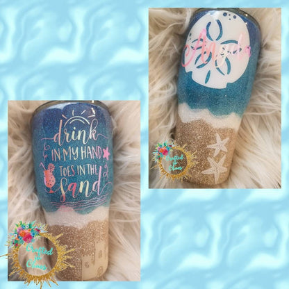 Drink in my Hands Toes in the Sand | Personalized Glitter Beach Tumbler