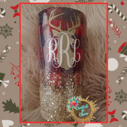 Buffalo Plaid Reindeer Tumbler | Personalized Glitter Tumbler