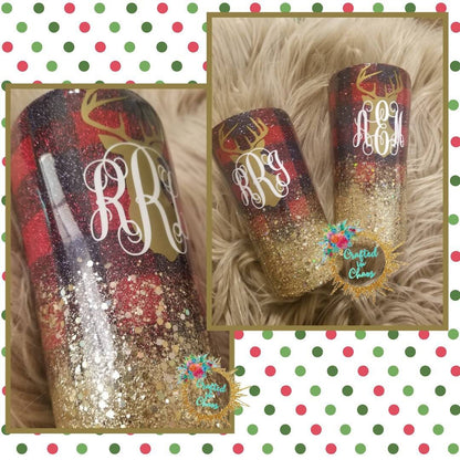 Buffalo Plaid Reindeer Tumbler | Personalized Glitter Tumbler