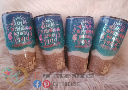 Drink in my Hands Toes in the Sand | Personalized Glitter Beach Tumbler