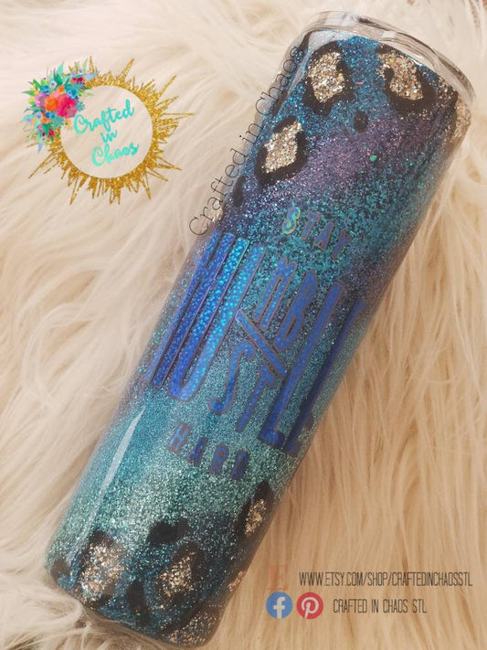 Stay Humble, Hustle Hard | Glittered Leopard Print Swirl Tumbler