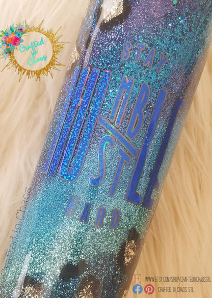 Stay Humble, Hustle Hard | Glittered Leopard Print Swirl Tumbler