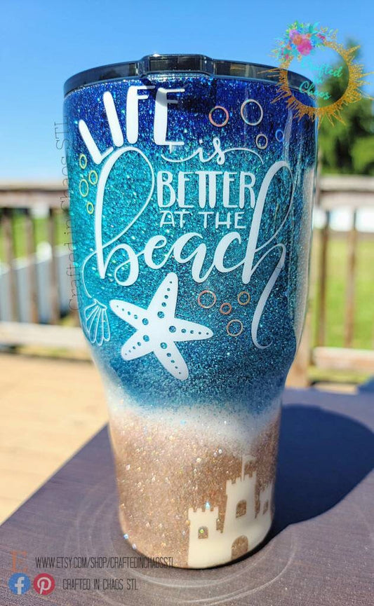 Life Is Better At The Beach Personalized Glitter Tumbler