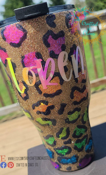 Glittered Neon Leopard Print Tumbler | Personalized Tumbler