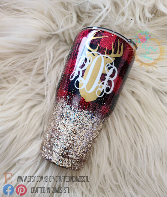 Buffalo Plaid Reindeer Monogram Personalized Glitter Tumbler